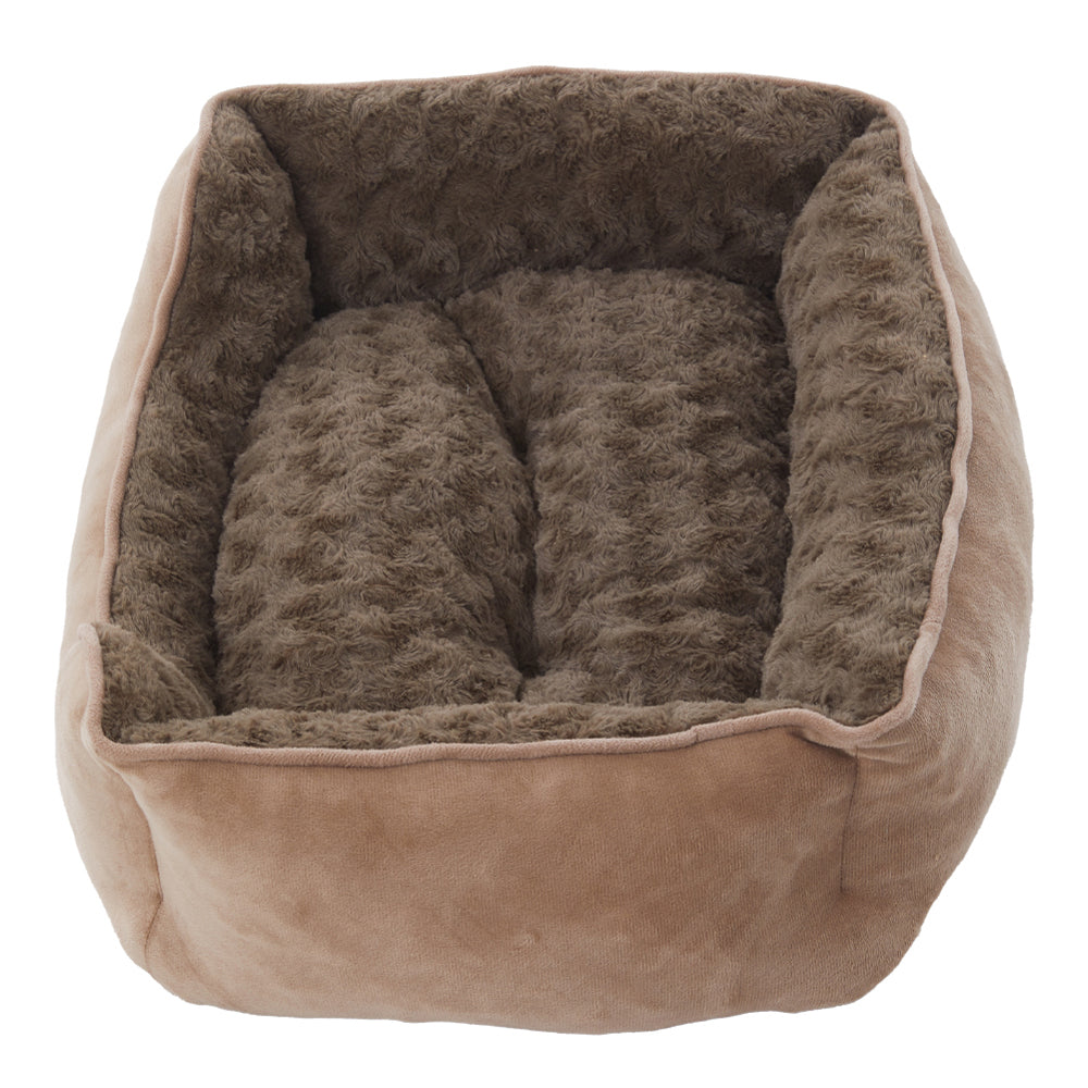 Cozy Khaki Faux Plush Pet Sleeping Bed with Raised Sides and Non-Slip Base