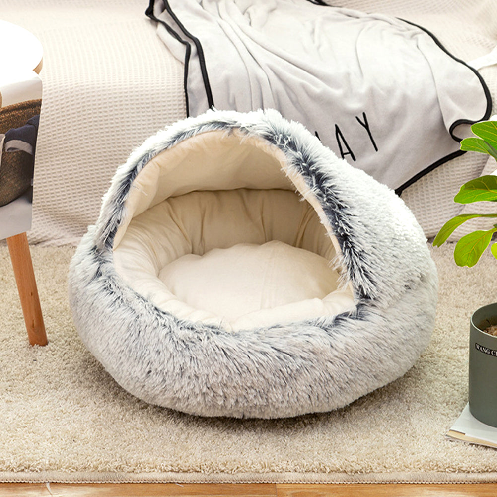 Soft Plush Semi-Enclosed Pet Bed – Cozy Retreat for Cats and Small Dogs