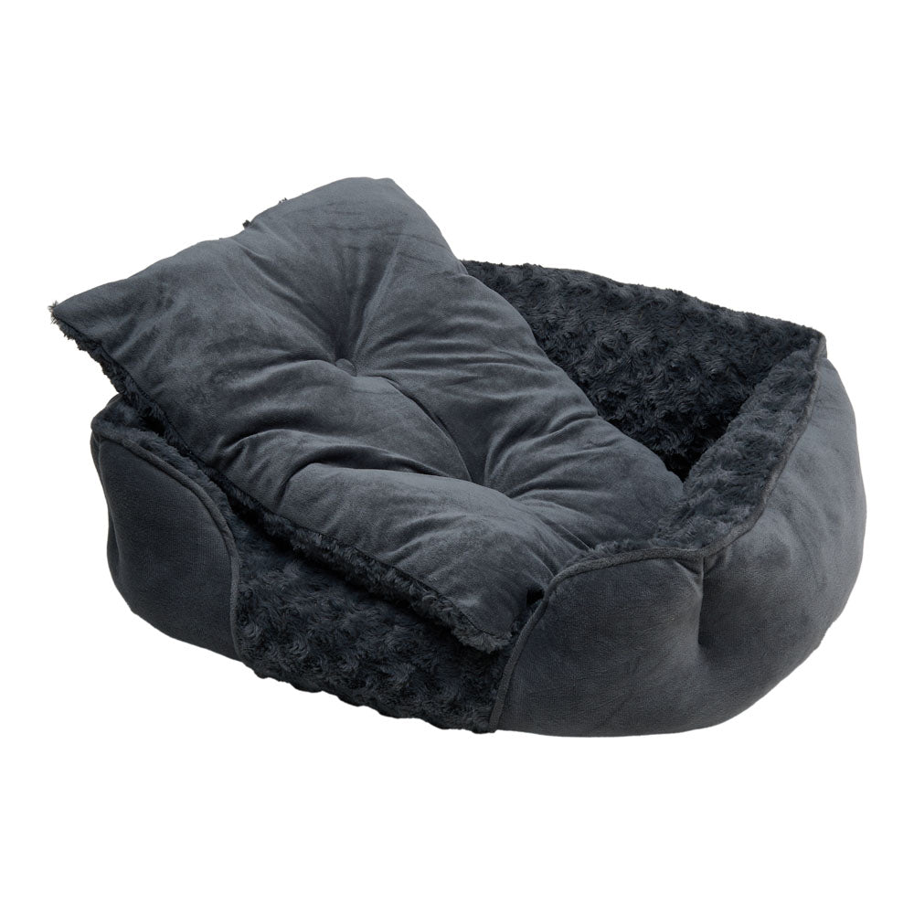 Dark Grey Pet Sleeping Bed – Cozy Faux Plush & Suede-Like Fabric with Removable Cushion for Cats & Dogs