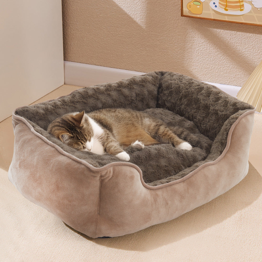 Cozy Khaki Faux Plush Pet Sleeping Bed with Raised Sides and Non-Slip Base