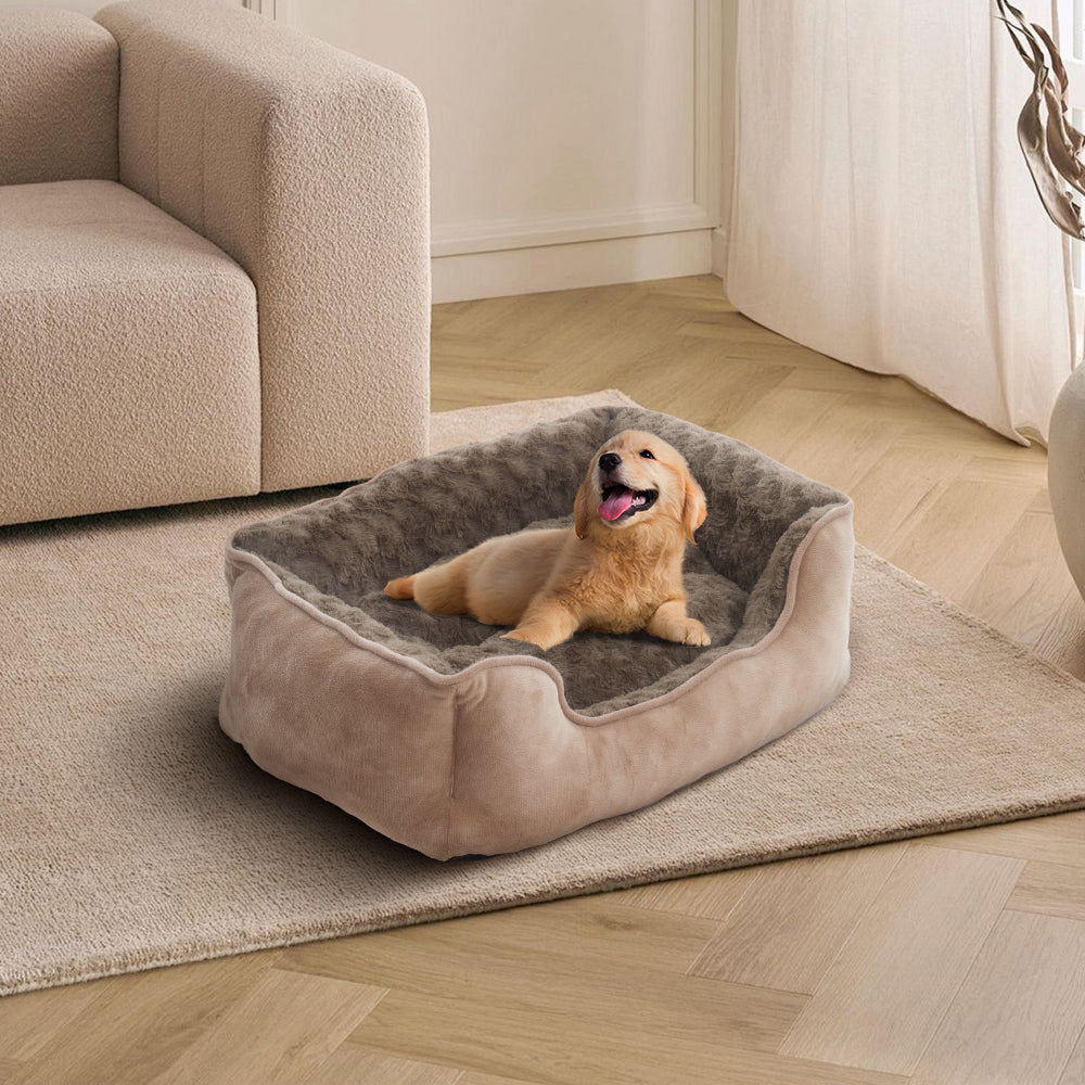 Cozy Khaki Faux Plush Pet Sleeping Bed with Raised Sides and Non-Slip Base