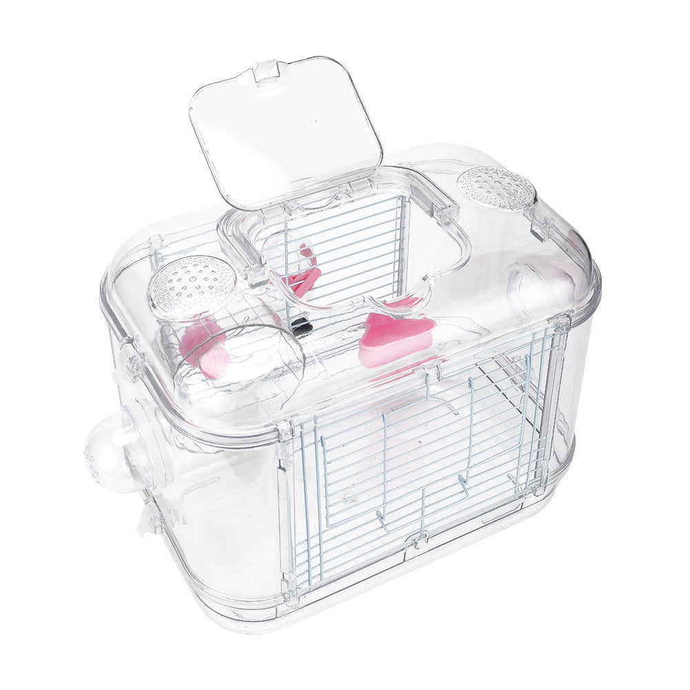 Double-Layer Transparent Hamster Cage with Hidden Handle and Tunnel