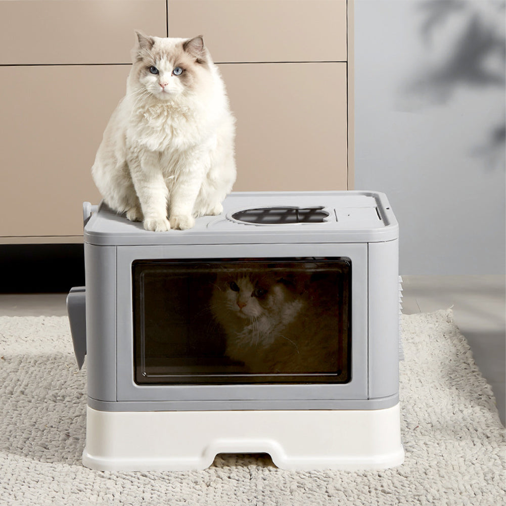 Enclosed Folding Plastic Cat Litter Box with Removable Scoop – Odor Control and Easy Cleaning