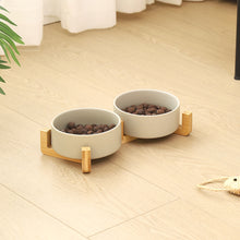 Double Ceramic Cat Bowl with Elevated Bamboo Stand – Durable, Easy-Clean Feeding Station