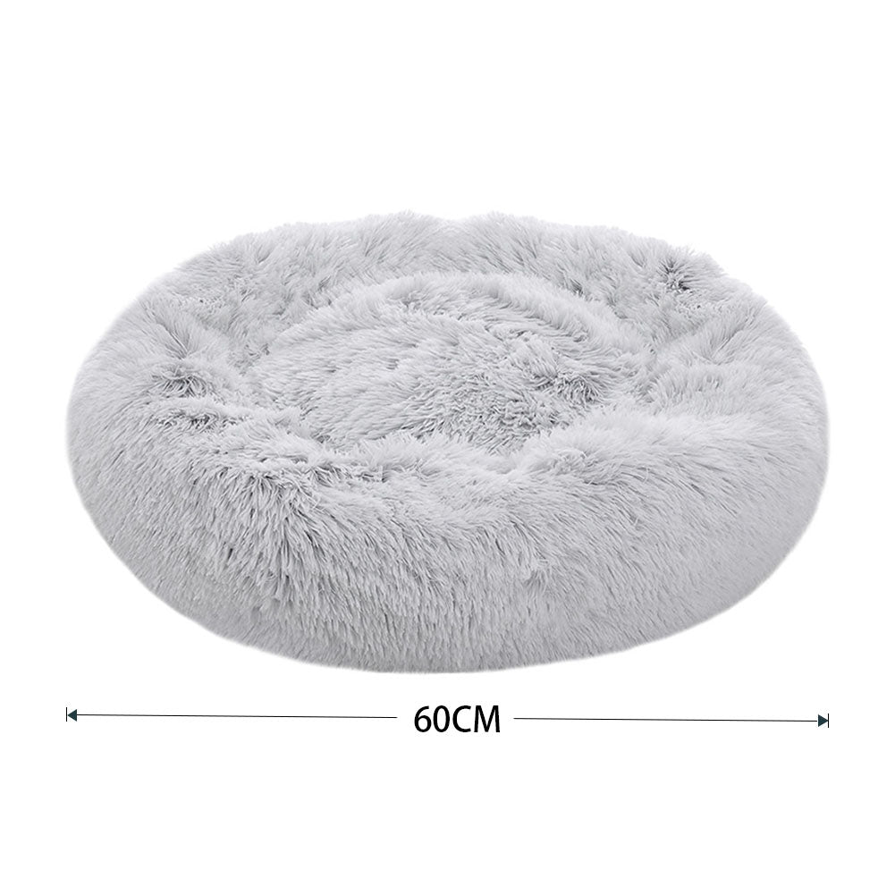 Plush Round Donut Dog Cuddler Bed with Raised Rim and Anti-Slip Base
