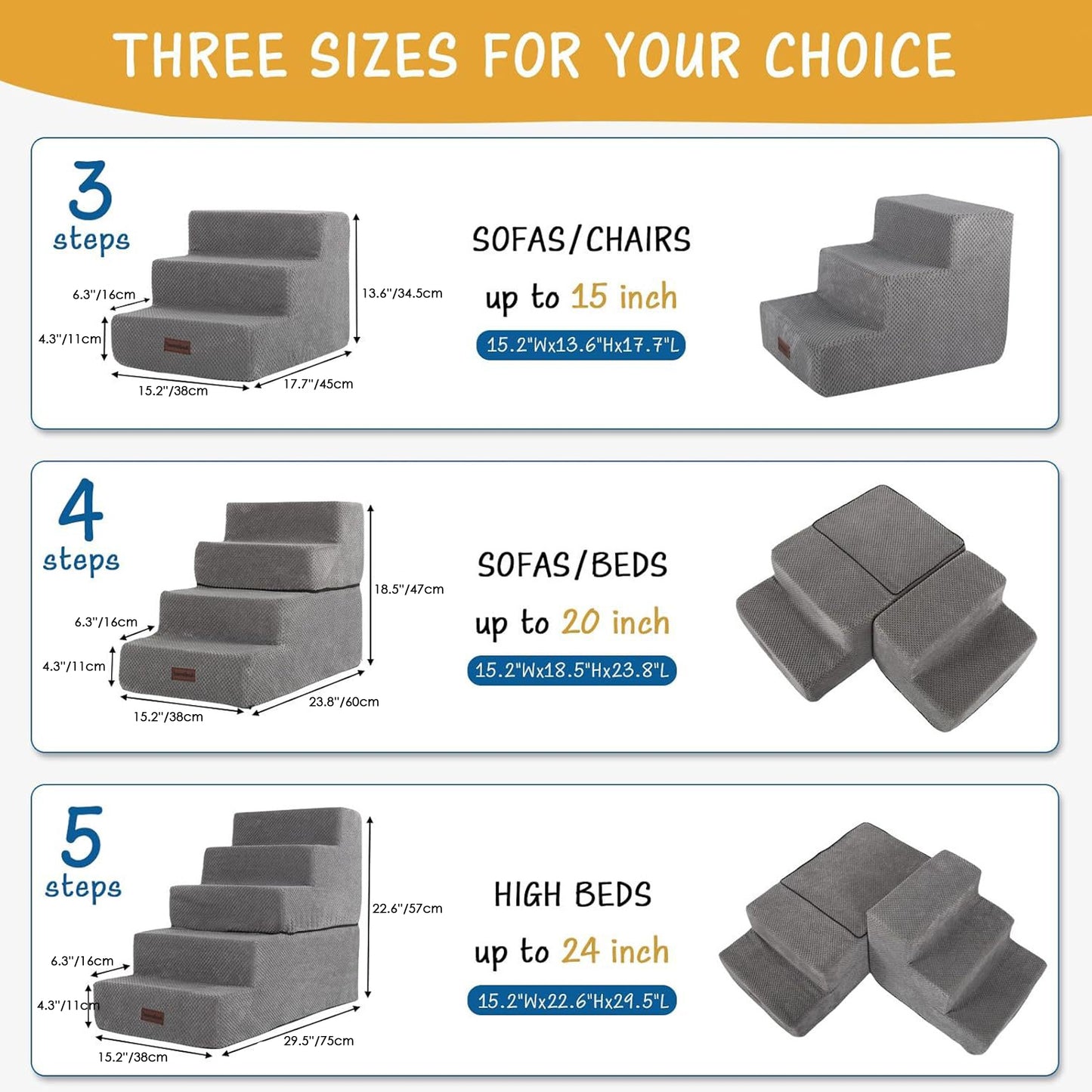 3/4/5-Step Non-Slip Dog Stairs with Washable Corduroy Cover – Grey