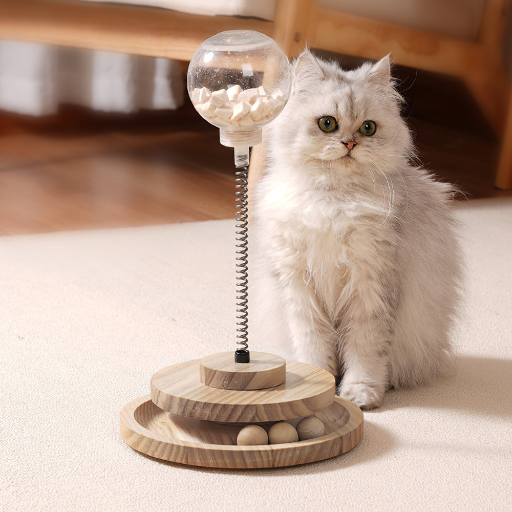 Interactive Spring Cat Toy with Treat Dispenser and Rolling Wooden Ball Track