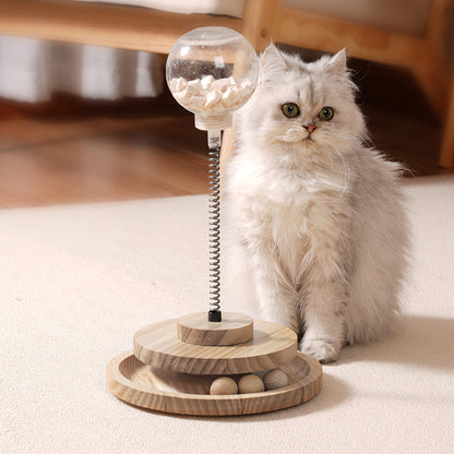 Interactive Spring Cat Toy with Treat Dispenser and Rolling Wooden Ball Track