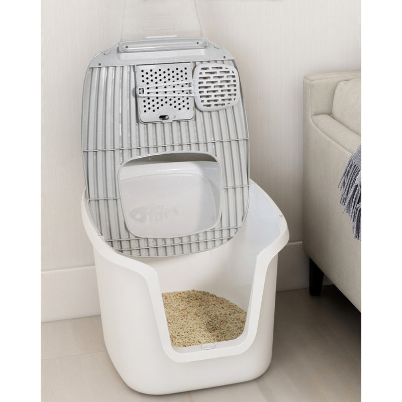 Splash-Proof Enclosed Cat Litter Box with Scoop & Teaser Toy – Odour Control, Dual-Door Entry, Easy-Clean Flip Lid